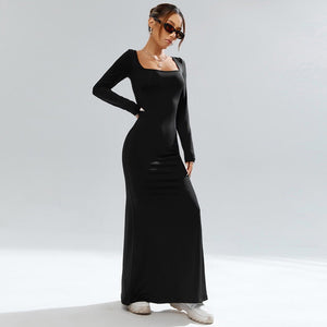Women's square collar black knitted long sleeve bodycone long dress party dress - Negative Apparel