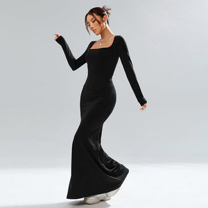 Women's square collar black knitted long sleeve bodycone long dress party dress - Negative Apparel