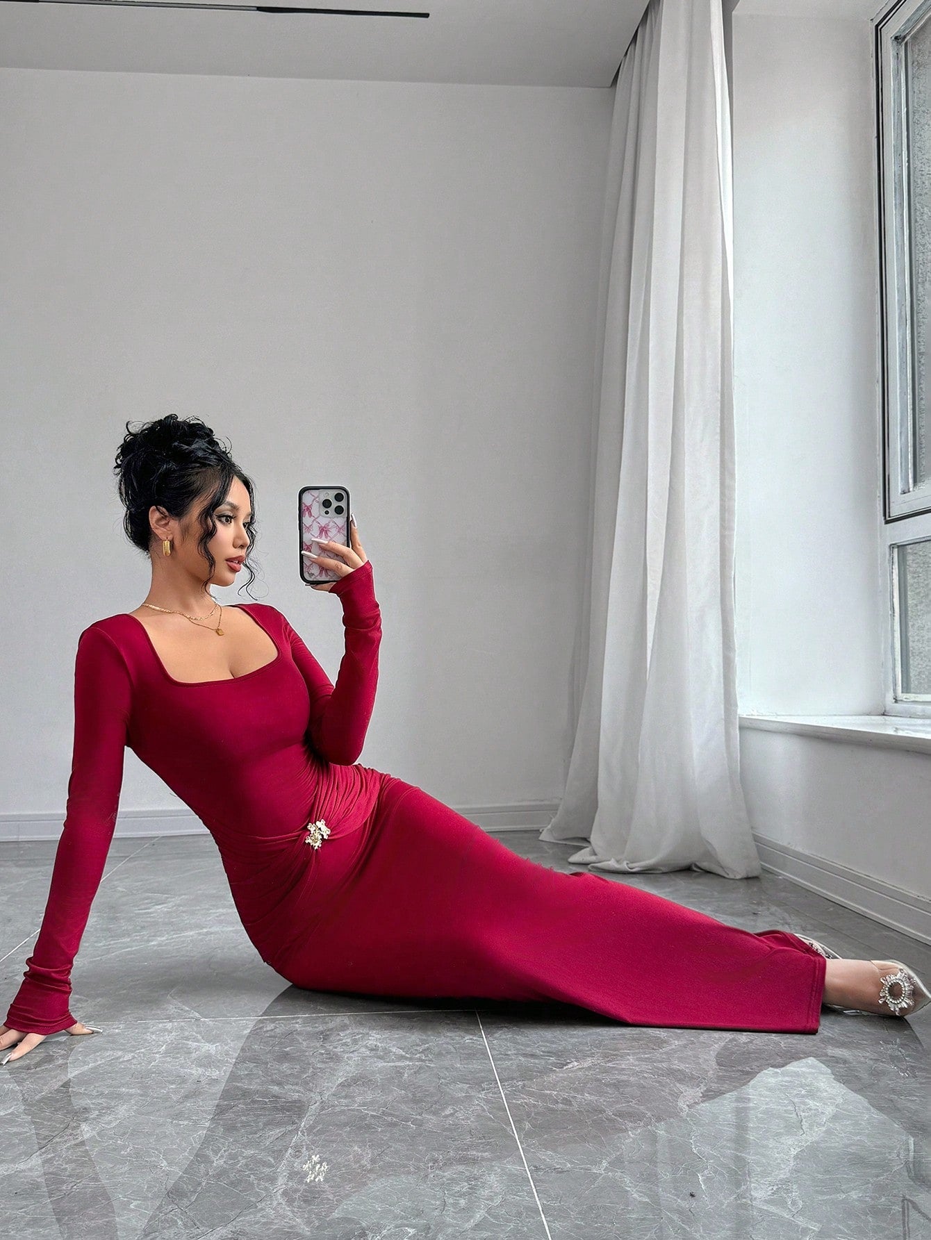 Women's Square Neck Floral Decor Metal Ring Pendant Long Sleeve Long Dress - Negative Apparel