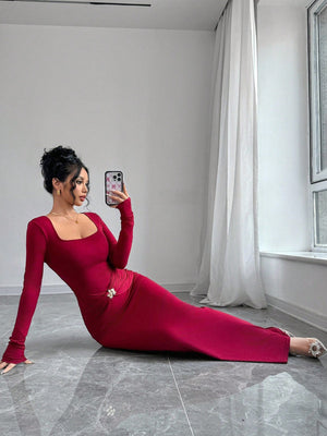 Women's Square Neck Floral Decor Metal Ring Pendant Long Sleeve Long Dress - Negative Apparel