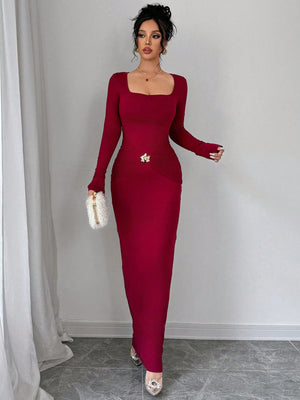 Women's Square Neck Floral Decor Metal Ring Pendant Long Sleeve Long Dress - Negative Apparel