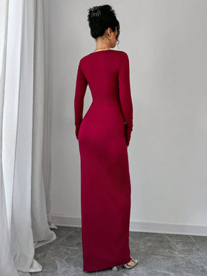 Women's Square Neck Floral Decor Metal Ring Pendant Long Sleeve Long Dress - Negative Apparel