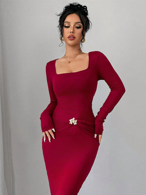 Women's Square Neck Floral Decor Metal Ring Pendant Long Sleeve Long Dress - Negative Apparel