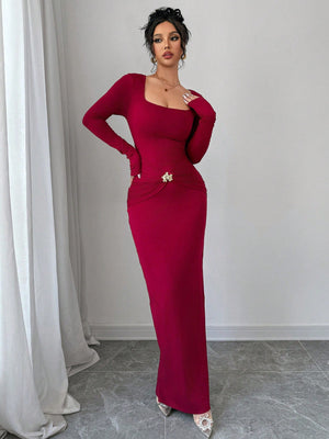 Women's Square Neck Floral Decor Metal Ring Pendant Long Sleeve Long Dress - Negative Apparel