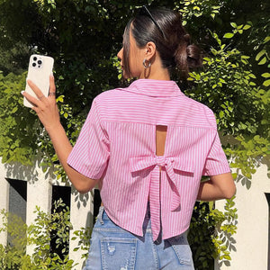 Women's striped bow back casual vacation short - sleeved shirt - Negative Apparel