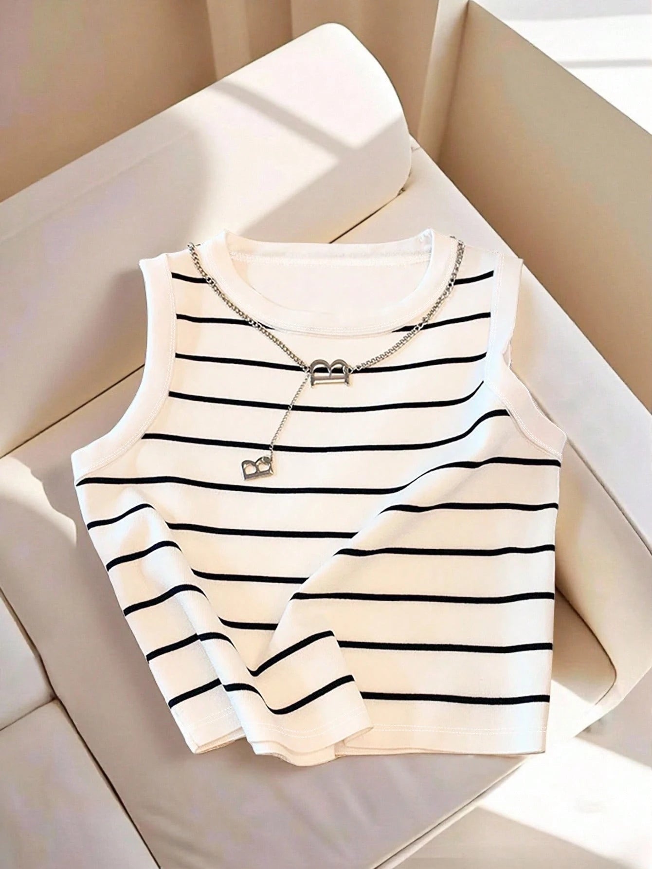 Women's Striped Crew Neck Casual Versatile Tank Top FD - Negative Apparel
