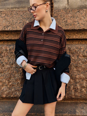 Women’s Striped Lapel Pullover Sweater | Loose Fit Casual Knit Top | Japanese & Korean Contrast Color Knitwear – Summer 2025 Collection - Negative Apparel