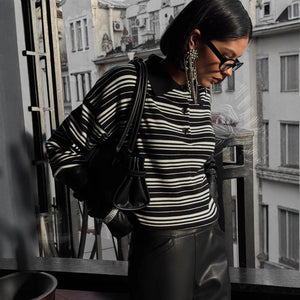 Women’s Striped Lapel Pullover Sweater | Loose Fit Casual Knit Top | Japanese & Korean Contrast Color Knitwear – Summer 2025 Collection - Negative Apparel