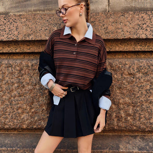 Women’s Striped Lapel Pullover Sweater | Loose Fit Casual Knit Top | Japanese & Korean Contrast Color Knitwear – Summer 2025 Collection - Negative Apparel