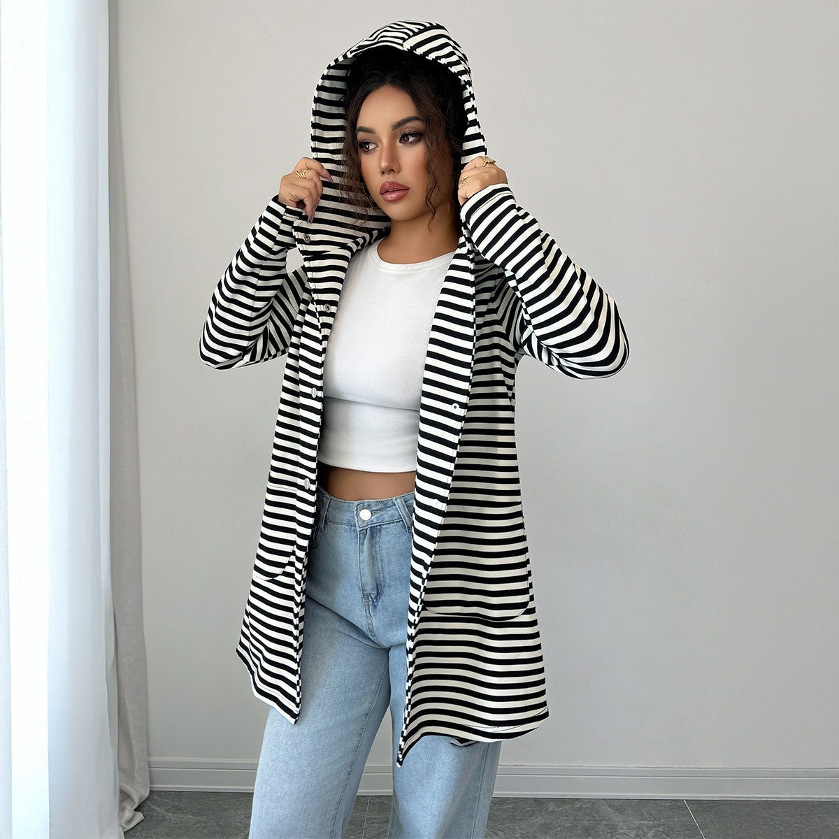 Women’s Striped Long Knitted Cardigan | Lapel Button - Down – Autumn 2025 - Negative Apparel