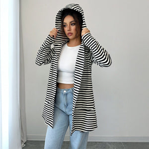 Women’s Striped Long Knitted Cardigan | Lapel Button - Down – Autumn 2025 - Negative Apparel