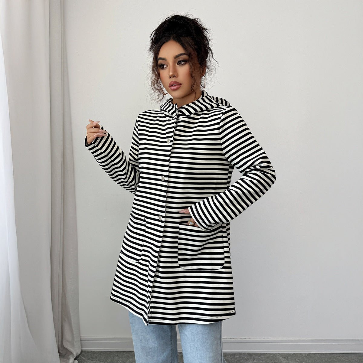 Women’s Striped Long Knitted Cardigan | Lapel Button - Down – Autumn 2025 - Negative Apparel