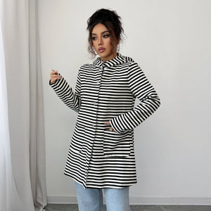 Women’s Striped Long Knitted Cardigan | Lapel Button - Down – Autumn 2025 - Negative Apparel