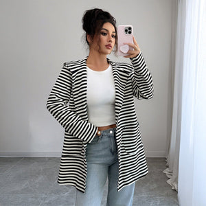 Women’s Striped Long Knitted Cardigan | Lapel Button - Down – Autumn 2025 - Negative Apparel
