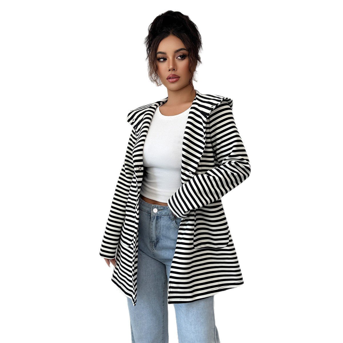 Women’s Striped Long Knitted Cardigan | Lapel Button - Down – Autumn 2025 - Negative Apparel