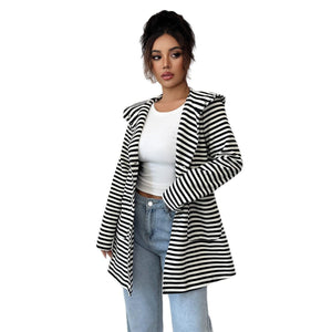 Women’s Striped Long Knitted Cardigan | Lapel Button - Down – Autumn 2025 - Negative Apparel