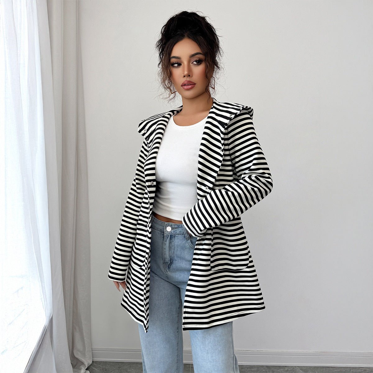 Women’s Striped Long Knitted Cardigan | Lapel Button - Down – Autumn 2025 - Negative Apparel