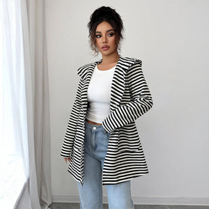 Women’s Striped Long Knitted Cardigan | Lapel Button - Down – Autumn 2025 - Negative Apparel