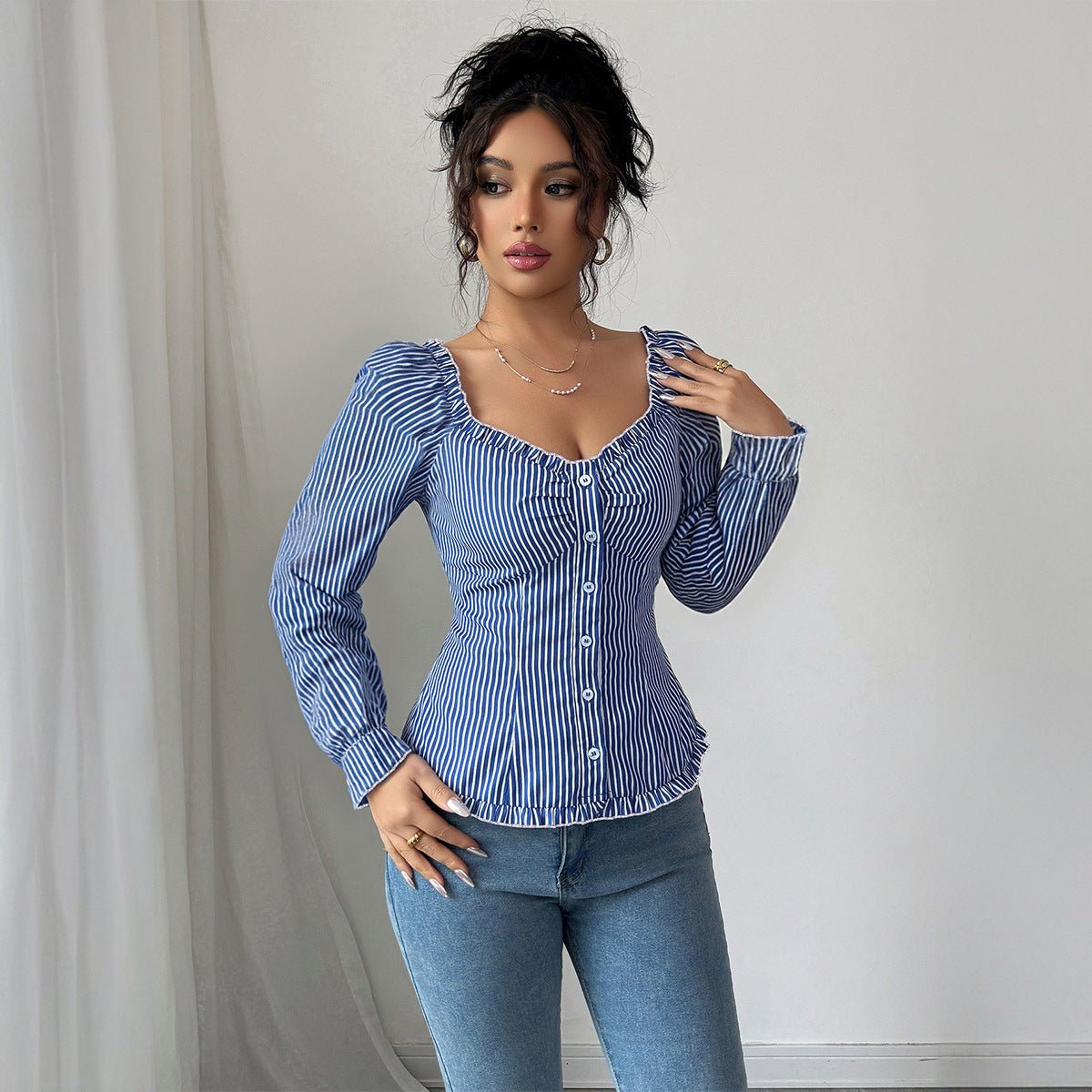 Women’s Striped Long Sleeve Pullover Top | U - Neck Casual Fit – Autumn 2025 Collection - Negative Apparel