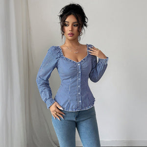 Women’s Striped Long Sleeve Pullover Top | U - Neck Casual Fit – Autumn 2025 Collection - Negative Apparel