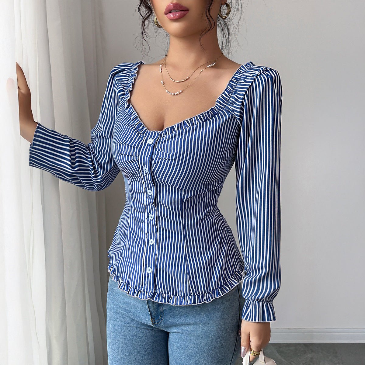 Women’s Striped Long Sleeve Pullover Top | U - Neck Casual Fit – Autumn 2025 Collection - Negative Apparel