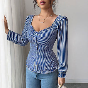 Women’s Striped Long Sleeve Pullover Top | U - Neck Casual Fit – Autumn 2025 Collection - Negative Apparel