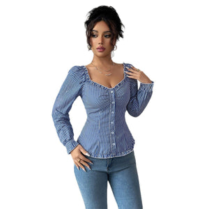 Women’s Striped Long Sleeve Pullover Top | U - Neck Casual Fit – Autumn 2025 Collection - Negative Apparel