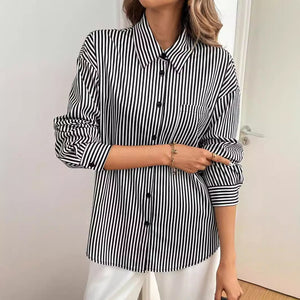 Women's striped printed back bow front button long - sleeved shirt - Negative Apparel