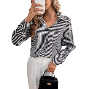 Women's striped printed back bow front button long - sleeved shirt - Negative Apparel