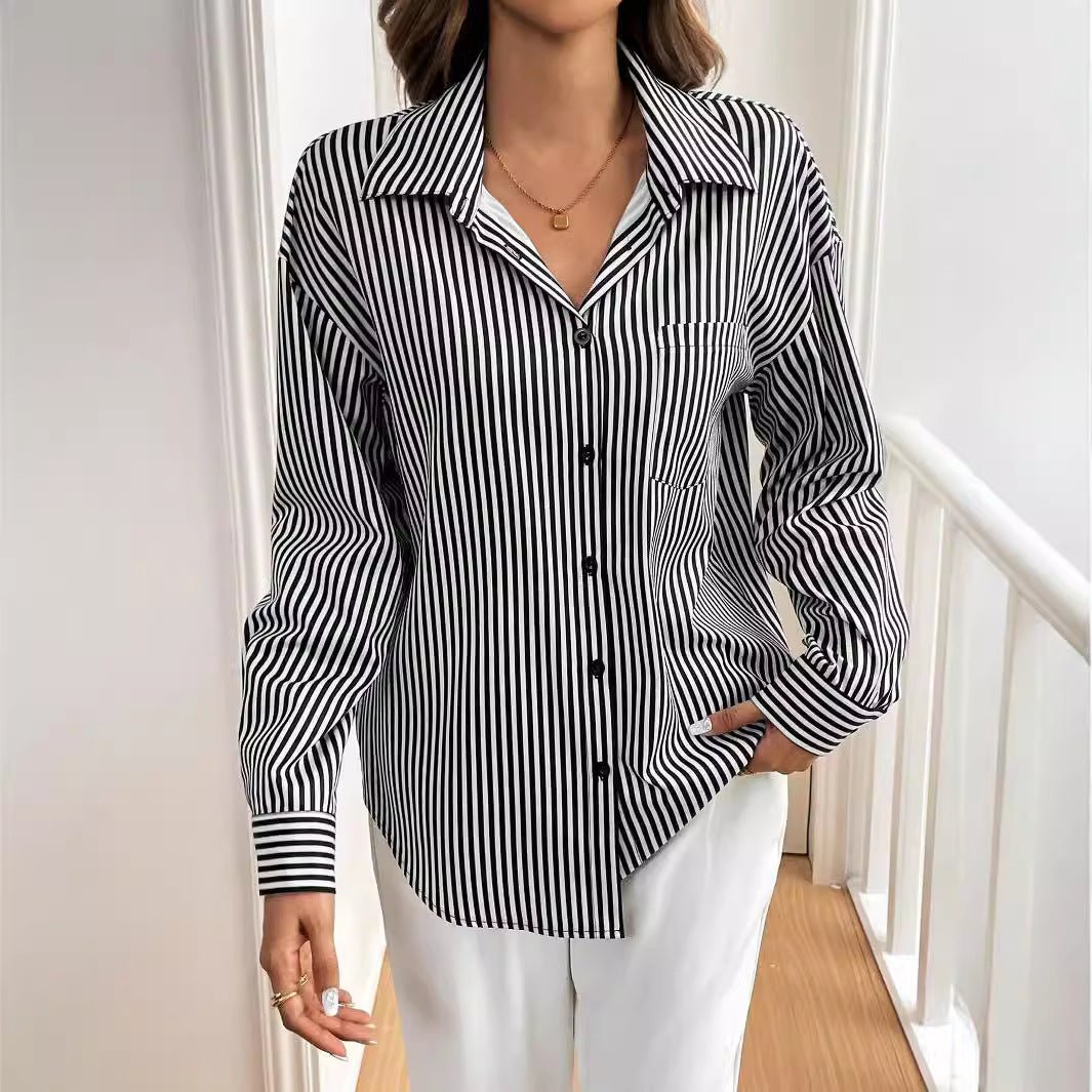 Women's striped printed back bow front button long - sleeved shirt - Negative Apparel