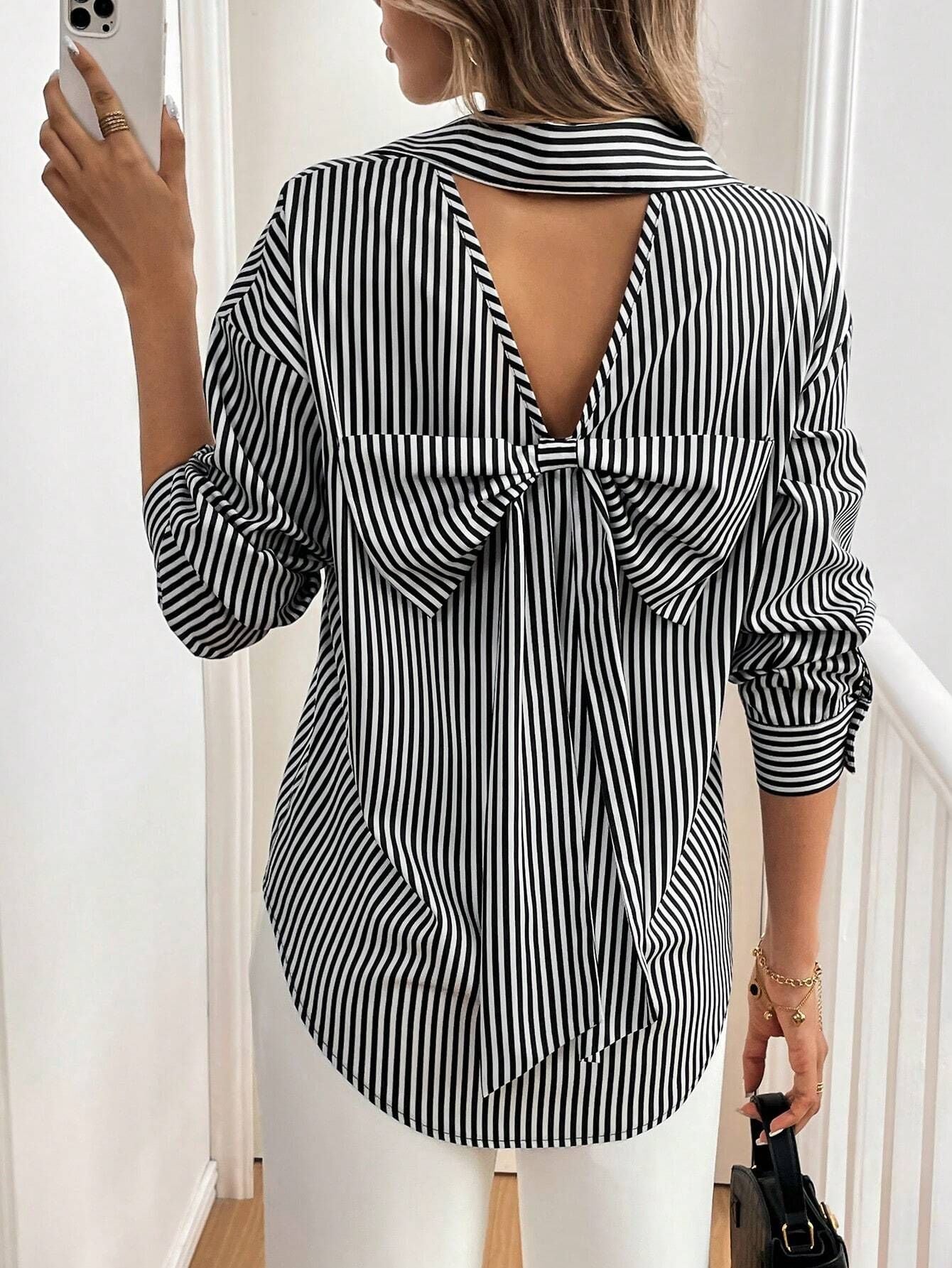Women's striped printed back bow front button long - sleeved shirt - Negative Apparel