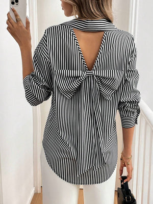 Women's striped printed back bow front button long - sleeved shirt - Negative Apparel