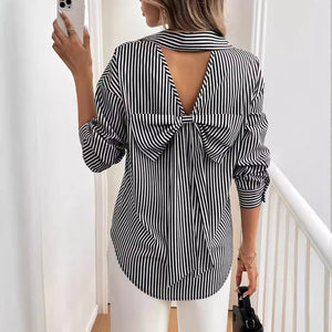 Women's striped printed back bow front button long - sleeved shirt - Negative Apparel