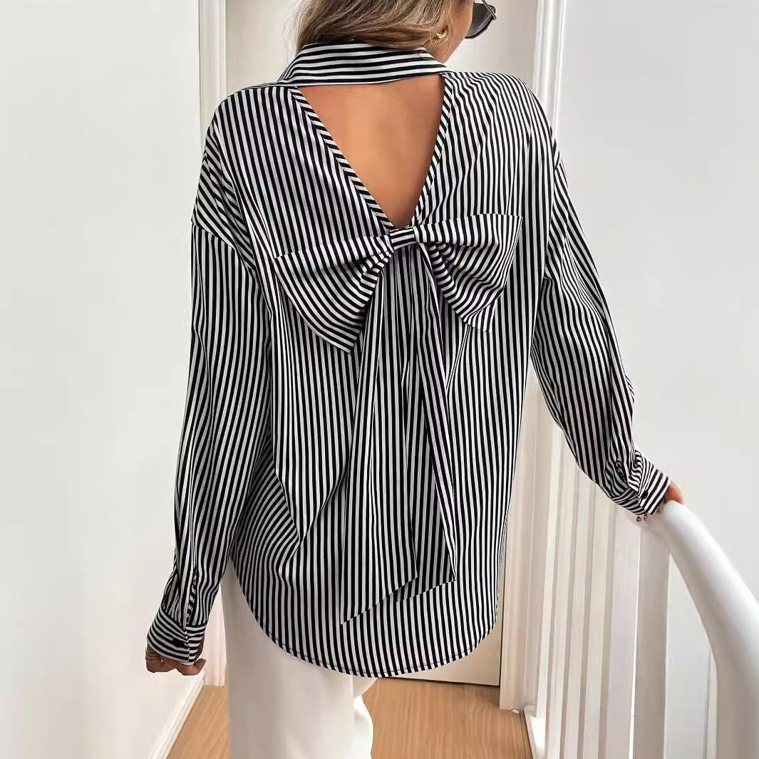 Women's striped printed back bow front button long - sleeved shirt - Negative Apparel