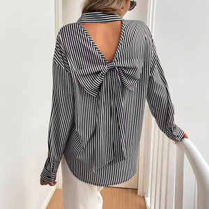 Women's striped printed back bow front button long - sleeved shirt - Negative Apparel