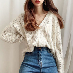 Women’s Striped V - Neck Cardigan – Japanese & Korean Casual Style - Negative Apparel