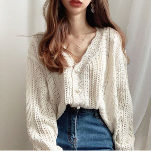 Women’s Striped V - Neck Cardigan – Japanese & Korean Casual Style - Negative Apparel