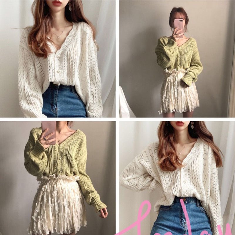 Women’s Striped V - Neck Cardigan – Japanese & Korean Casual Style - Negative Apparel