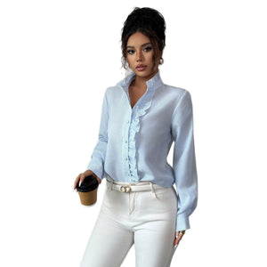 Women’s Striped Woven Blouse with Lotus Leaf Collar - Negative Apparel