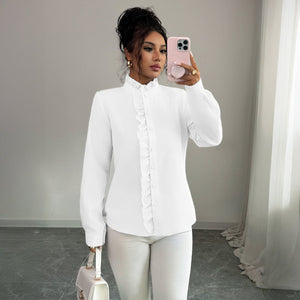 Women’s Striped Woven Blouse with Lotus Leaf Collar - Negative Apparel