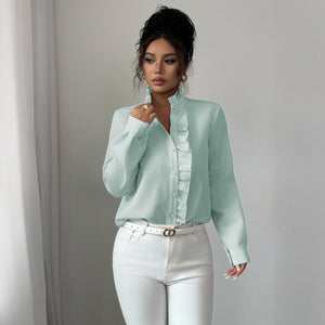 Women’s Striped Woven Blouse with Lotus Leaf Collar - Negative Apparel