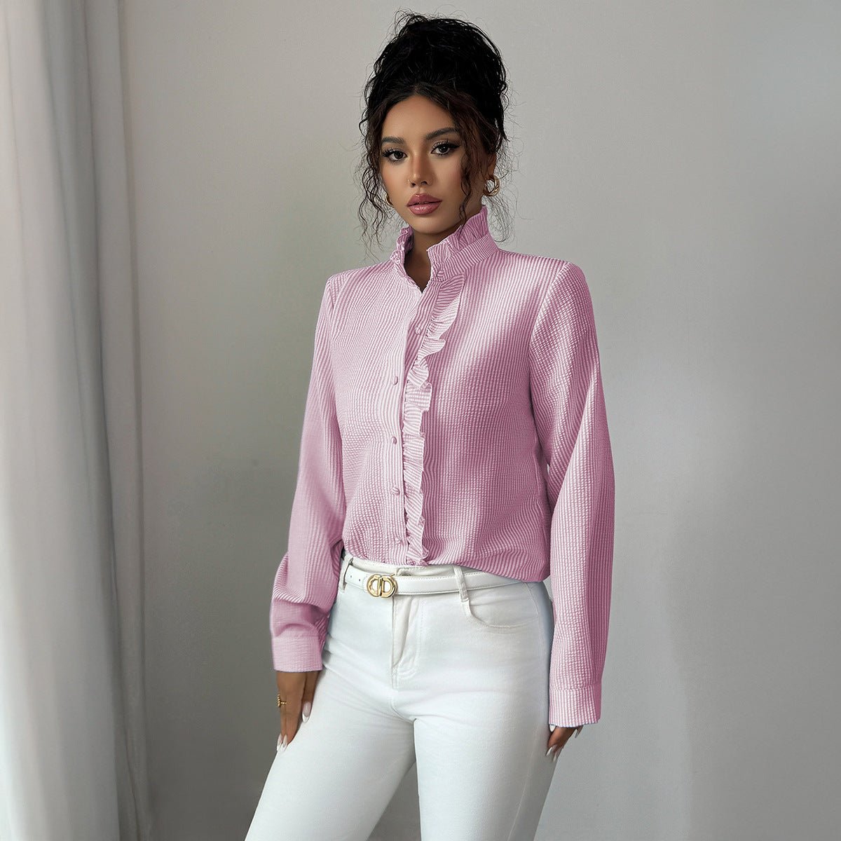 Women’s Striped Woven Blouse with Lotus Leaf Collar - Negative Apparel