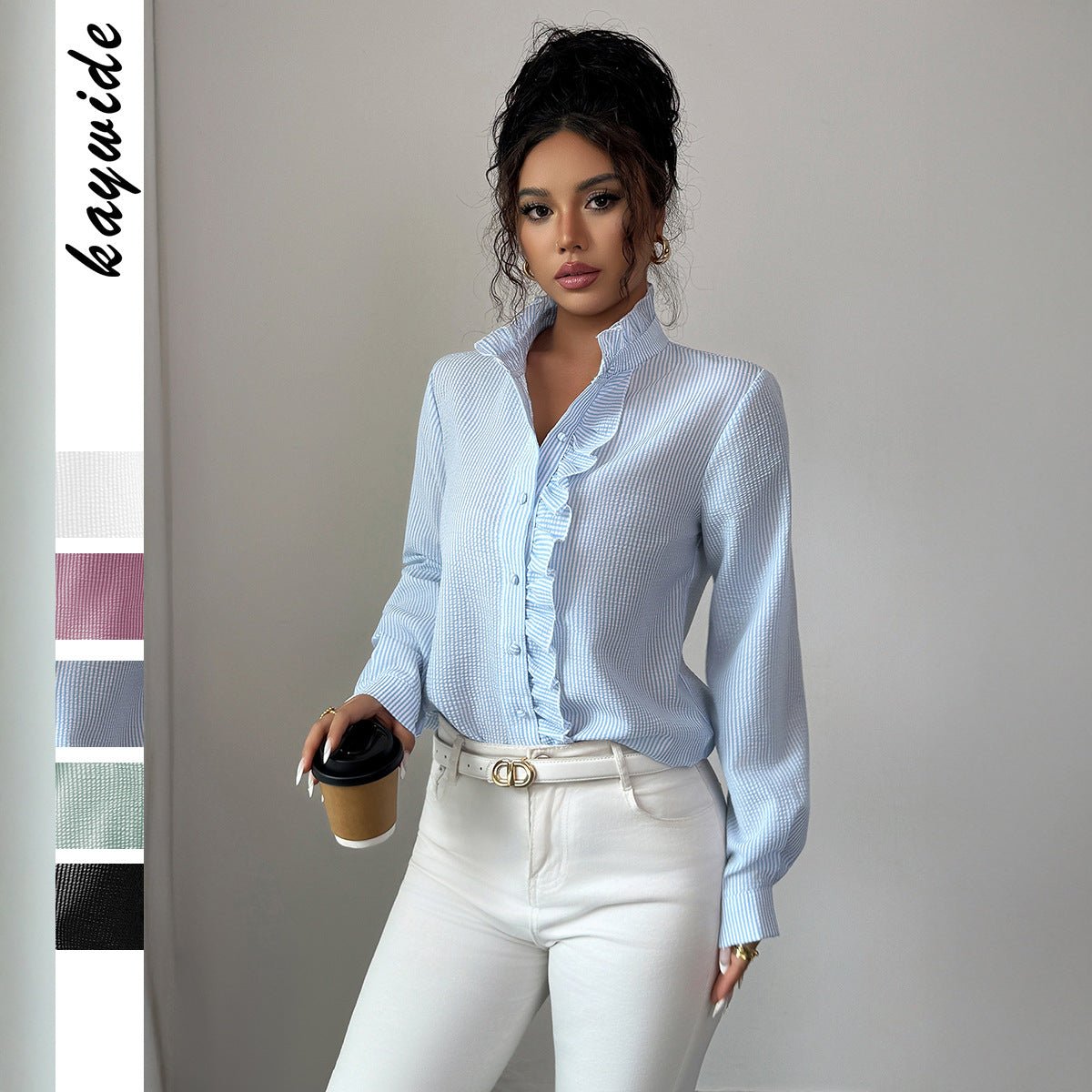 Women’s Striped Woven Blouse with Lotus Leaf Collar - Negative Apparel