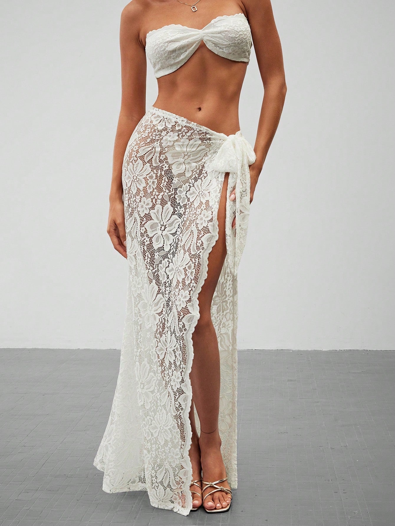 Women's Summer Beach Sexy Black Lace Bandeau Top With Tie Front And High Slit Skirt Two - Piece Outfit - Negative Apparel