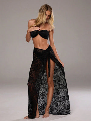 Women's Summer Beach Sexy Black Lace Bandeau Top With Tie Front And High Slit Skirt Two - Piece Outfit - Negative Apparel