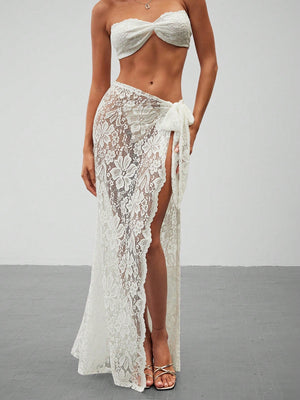 Women's Summer Beach Sexy Black Lace Bandeau Top With Tie Front And High Slit Skirt Two - Piece Outfit - Negative Apparel