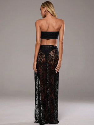 Women's Summer Beach Sexy Black Lace Bandeau Top With Tie Front And High Slit Skirt Two - Piece Outfit - Negative Apparel