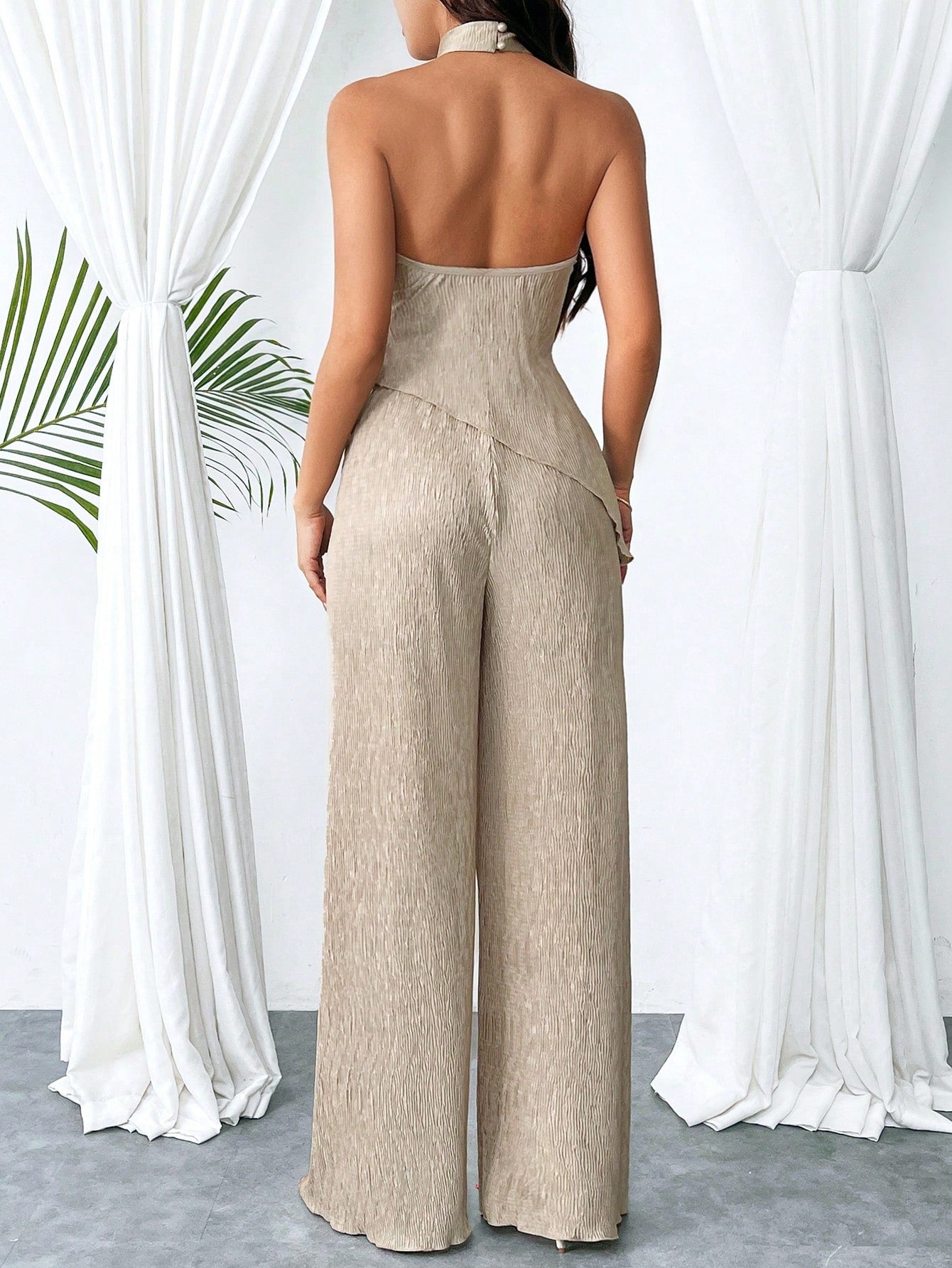 Women's Summer Halter Top With Asymmetrical Hem And High Waist Wide LegPants, Chic And Modern Daily Casual Beach Vacation Outfit, 2pcs/Set Back To School Clothes Y2k Cruise Women Outfits Vintage Clothes 90s Fashion - Negative Apparel