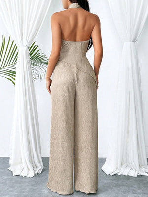 Women's Summer Halter Top With Asymmetrical Hem And High Waist Wide LegPants, Chic And Modern Daily Casual Beach Vacation Outfit, 2pcs/Set Back To School Clothes Y2k Cruise Women Outfits Vintage Clothes 90s Fashion - Negative Apparel