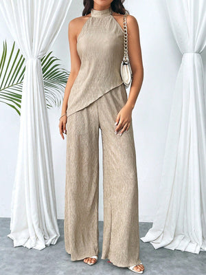 Women's Summer Halter Top With Asymmetrical Hem And High Waist Wide LegPants, Chic And Modern Daily Casual Beach Vacation Outfit, 2pcs/Set Back To School Clothes Y2k Cruise Women Outfits Vintage Clothes 90s Fashion - Negative Apparel